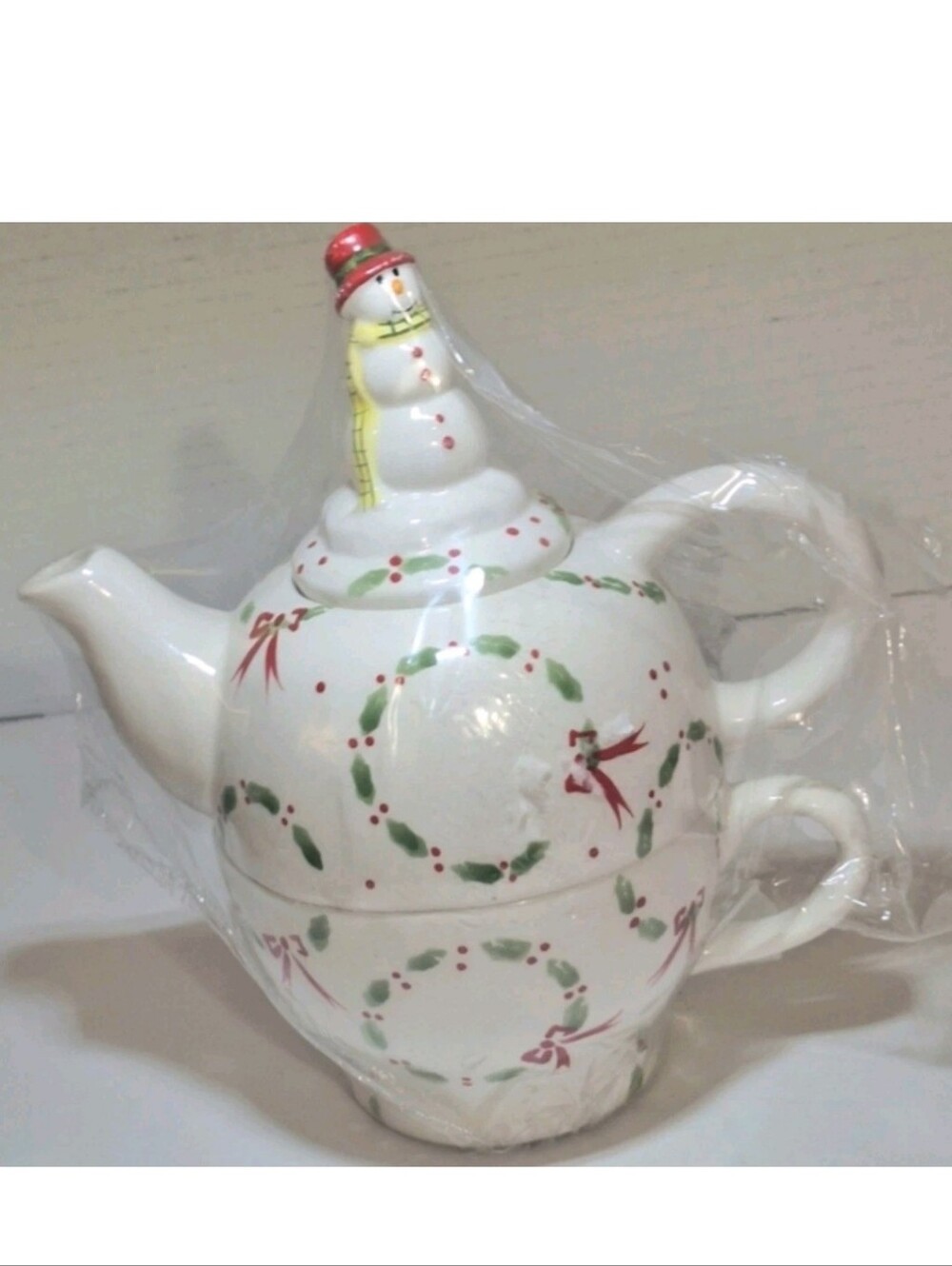 Nantucket Porcelain Nested Tea Pot Tea For One Christmas Wreath Holiday Snowman